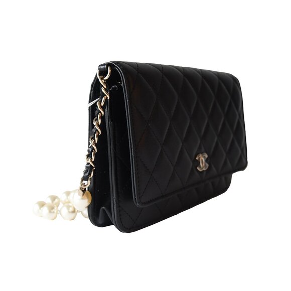 Chanel Lambskin Quilted Pearl Wallet On Chain WOC Black - Picture 5 of 7